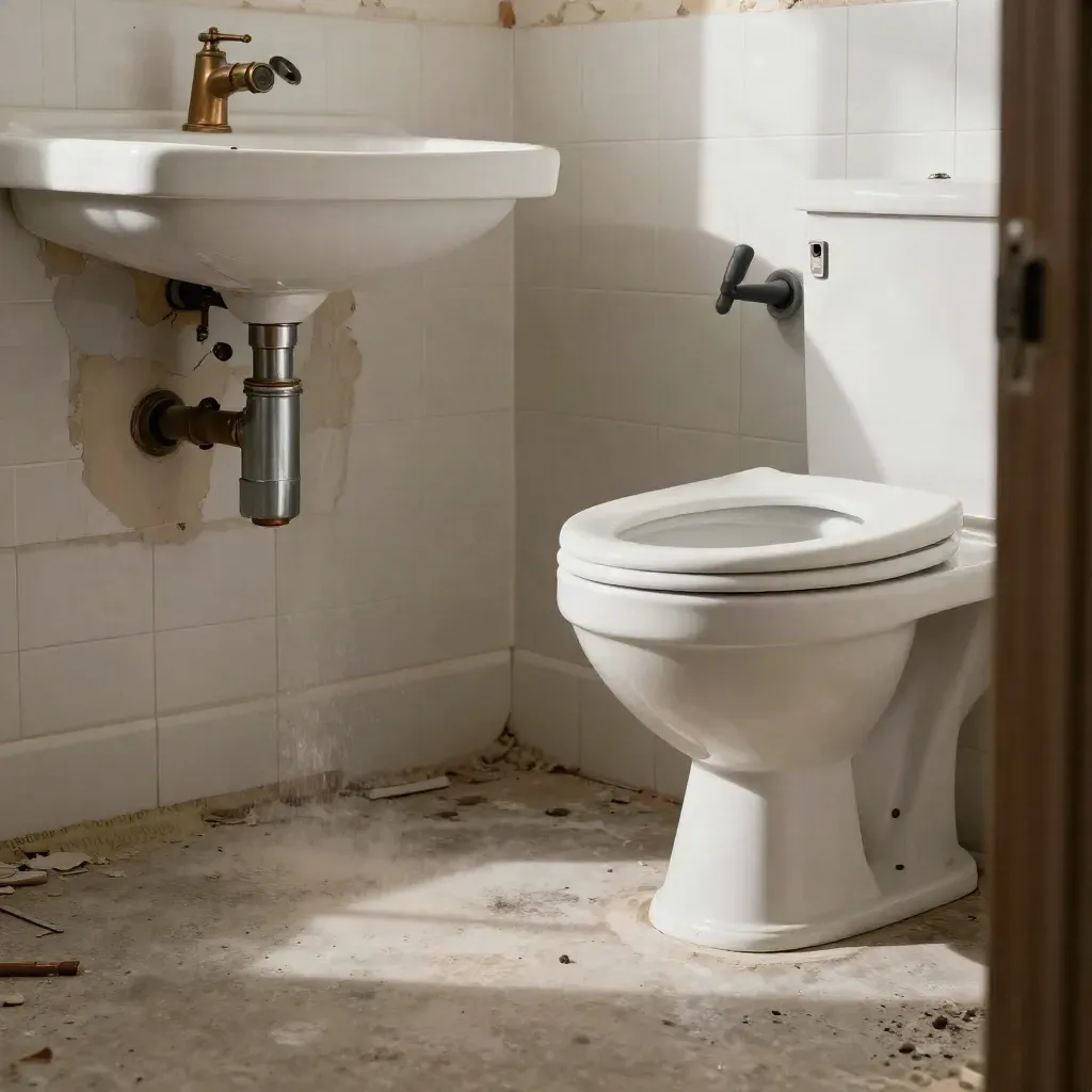 Sanitär in einem entkernten Bad mit neuer Keramik und freigelegten Rohren.
