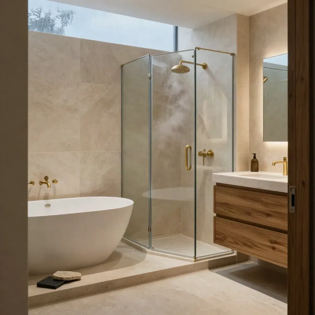 Luxuriöses Badezimmer mit Walk-in-Dusche, freistehender Wanne und Messingdetails im Morgenlicht.