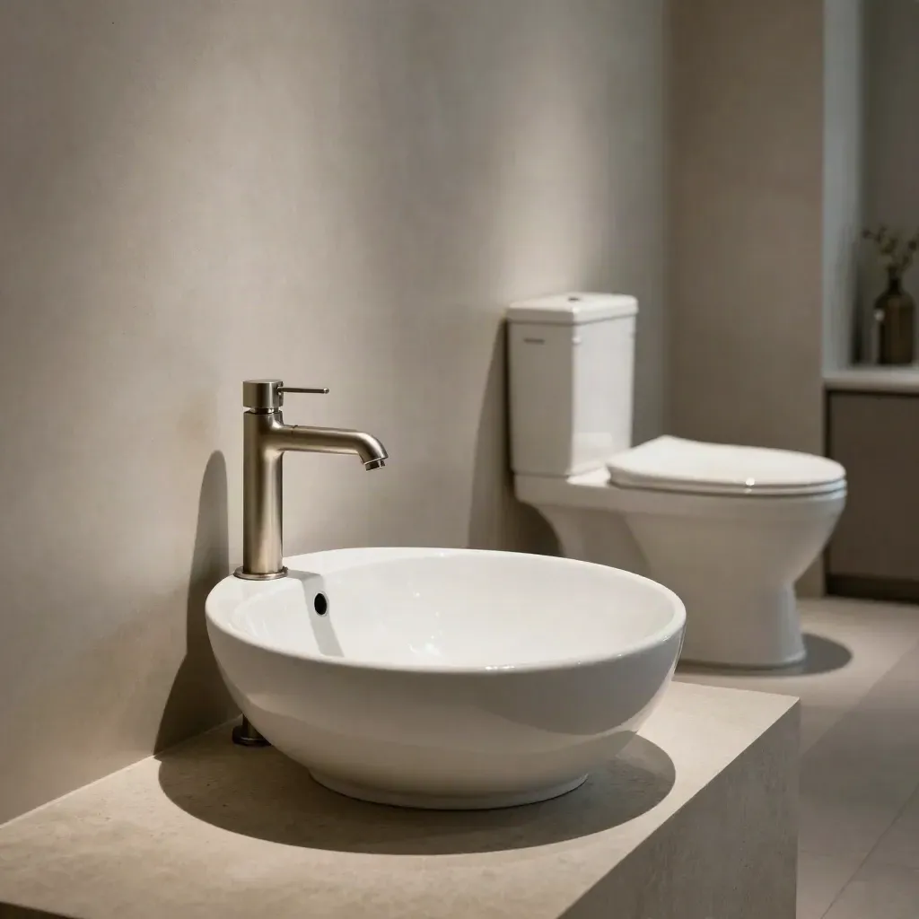 Sanitärelemente im dunklen Showroom mit dramatischem Licht