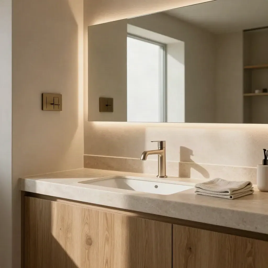 Spiegelschrank mit LED-Licht, Holzrahmen und Steinrückwand im warmen Badlicht.