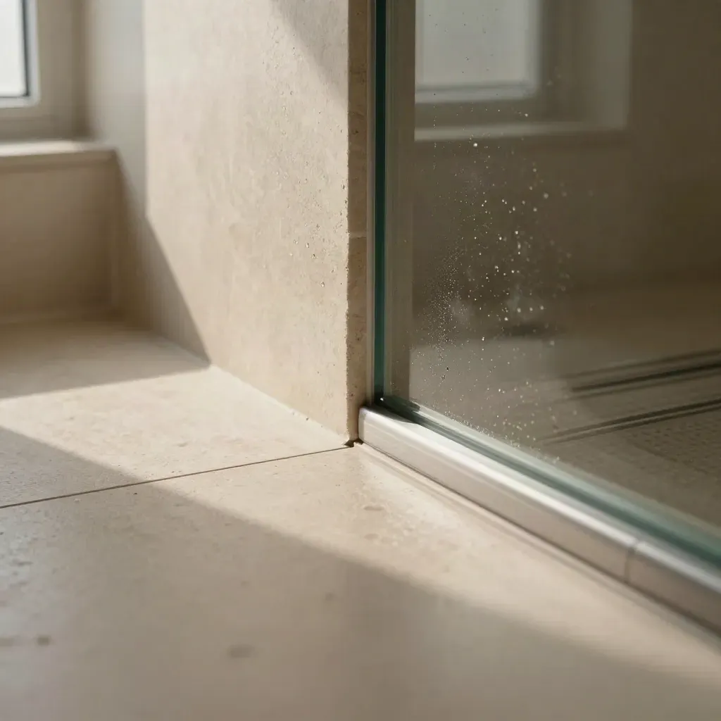 Nahaufnahme einer Altbau-Walk-in-Dusche mit Stein, Drain und warmem Fensterlicht