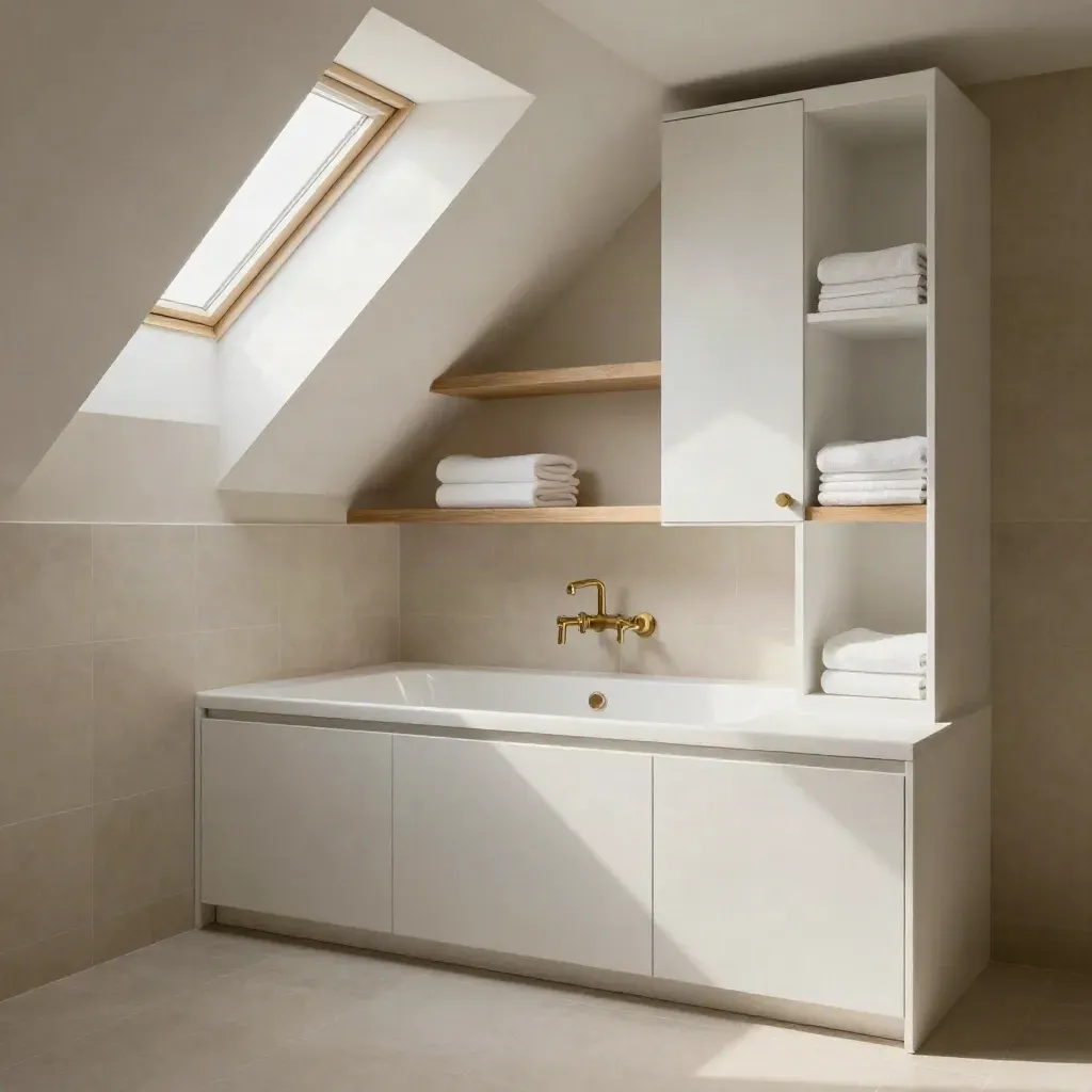 Dachbad mit Maßmöbeln, Badewanne und weißen Handtüchern unter der Schräge.