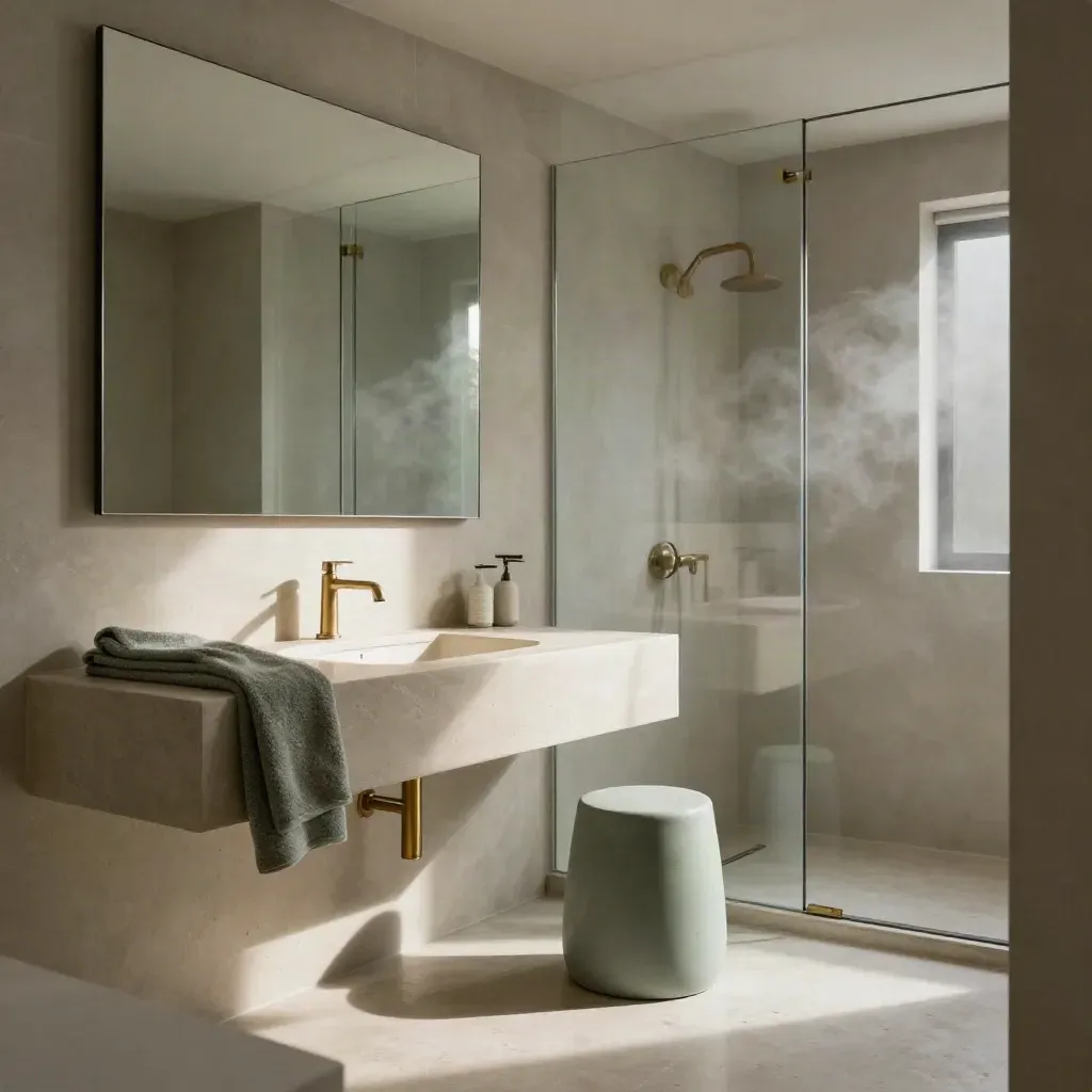 Neubau-Bad mit Messingarmatur, Steinwaschtisch, Spiegel und Dusche im seitlichen Licht.