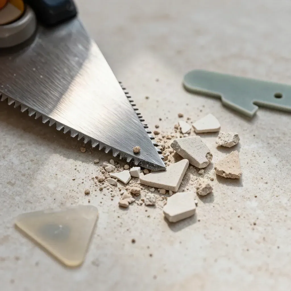 Makro von Fliesenkeilen, Nivellierclips und Keramikbruchstück auf staubiger Werkbank.