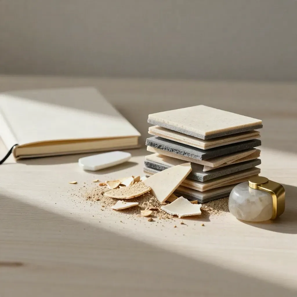 Materialmuster, Notizbuch und Porzellanprobe auf hellem Holz mit weichem Seitenlicht.