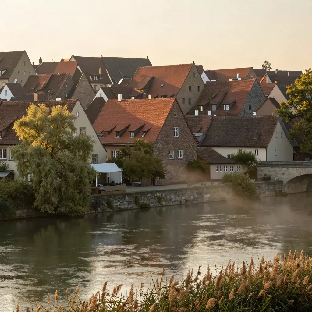 Augsburger Altstadtdächer mit Kanal und warmem Dunst im Abendlicht